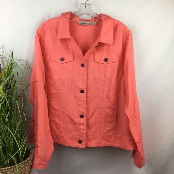 LL Bean Linen Blend Coral Orange Button Up Shirt Trucker Jacket L - Picture 2 of 8